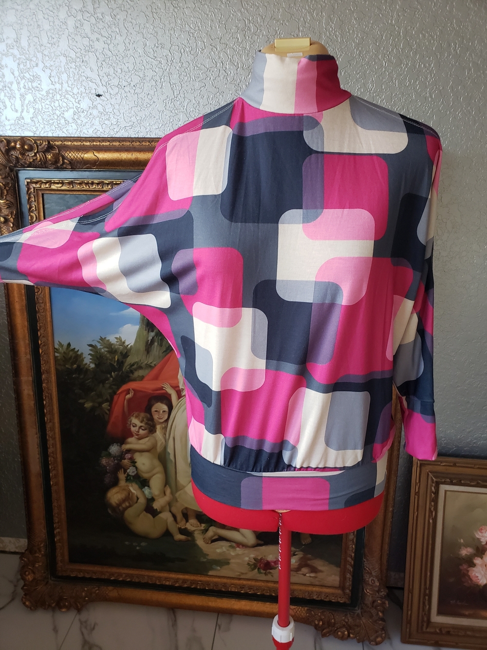 Women's Geo-Print Pink & Gray High-Neck Bomber Jacket